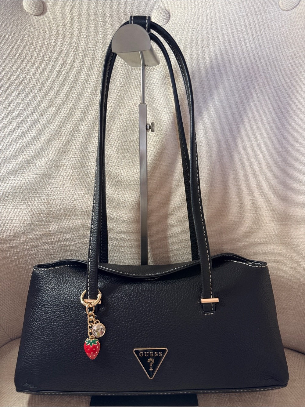 GUESS Black Pebbled Shoulder Bag with Strawberry Charm NWOT